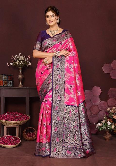 Purple Woven Design Silk Saree Set