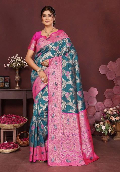 Aqua Blue Woven Design Silk Saree Set