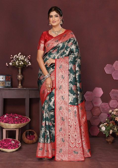 Green Woven Design Silk Saree Set