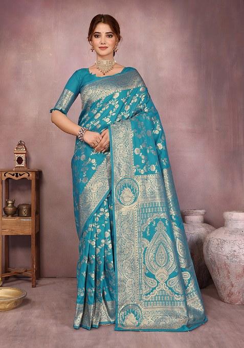 Aqua Blue Woven Design Silk Saree Set