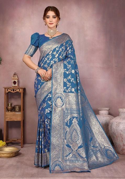 Blue Woven Design Silk Saree Set