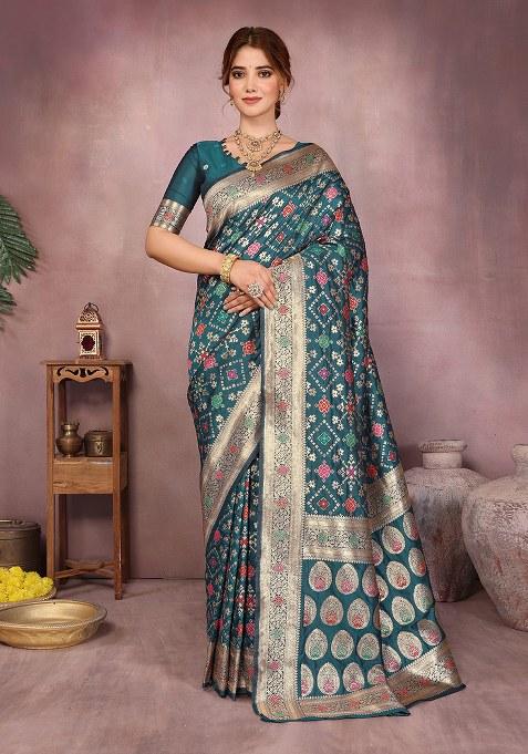 Teal Woven Design Silk Saree Set