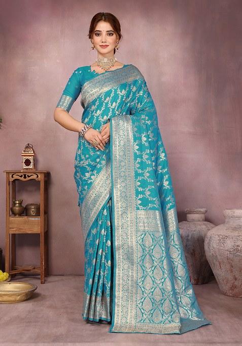 Aqua Blue Woven Design Silk Saree Set