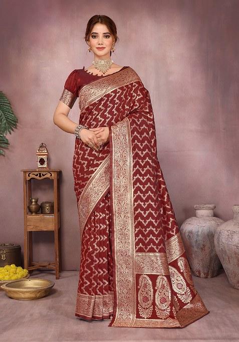Maroon Woven Design Silk Saree Set
