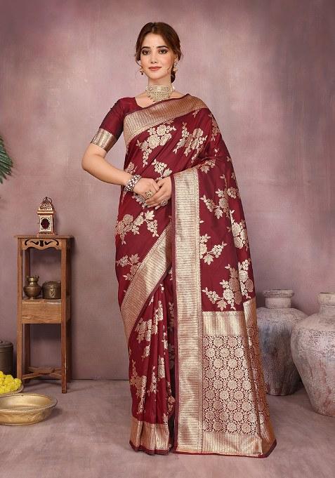 Maroon Woven Design Silk Saree Set
