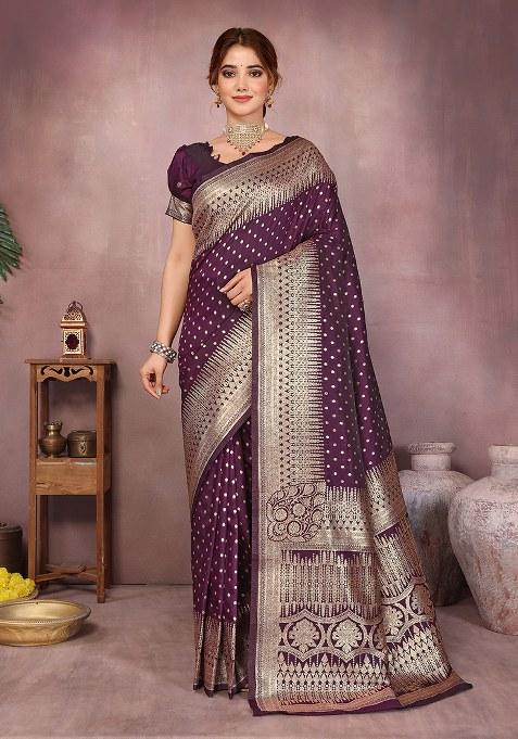 Purple Woven Design Silk Saree Set