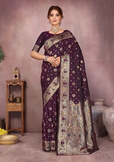 Purple Woven Design Silk Saree Set