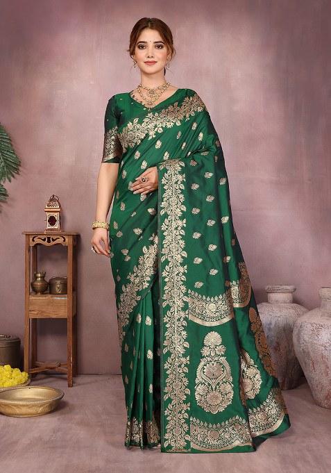 Green Woven Design Silk Saree Set