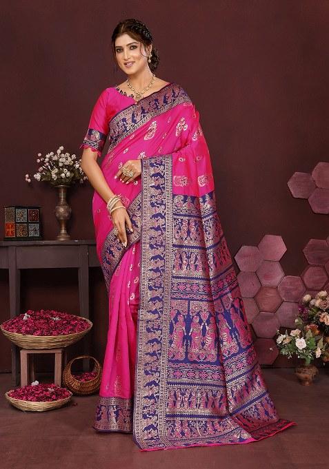 Pink Woven Design Silk Saree Set