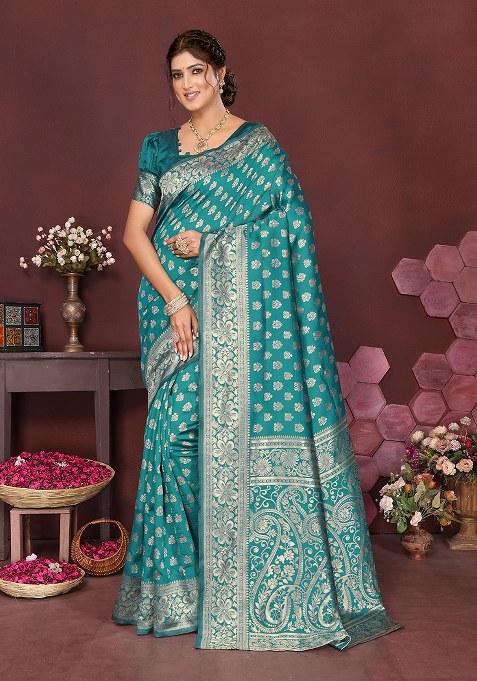 Aqua Blue Woven Design Silk Saree Set