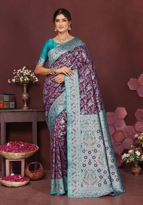Purple Woven Design Silk Saree Set