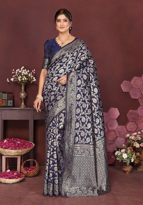 Blue Woven Design Silk Saree Set