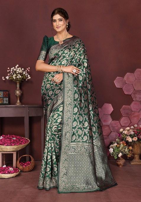 Green Woven Design Silk Saree Set