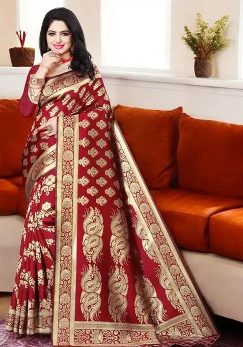 Red Woven Design Silk Saree Set