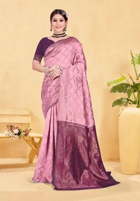 Pink Woven Design Silk Saree Set