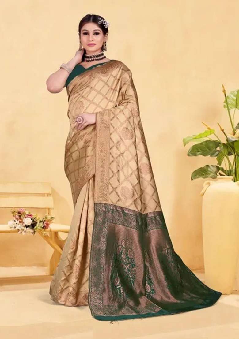 Gold Woven Design Silk Saree Set - Indya