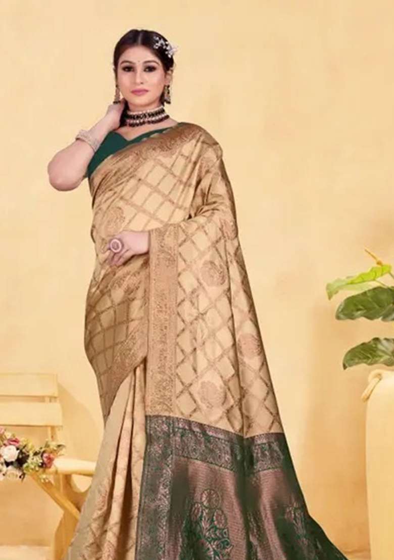 Gold Woven Design Silk Saree Set - Indya
