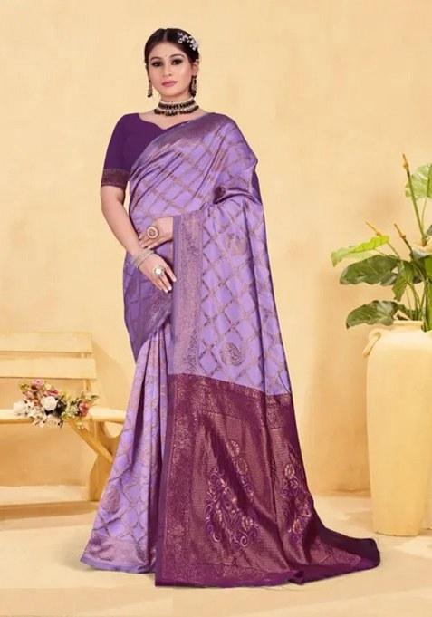 Purple Woven Design Silk Saree Set