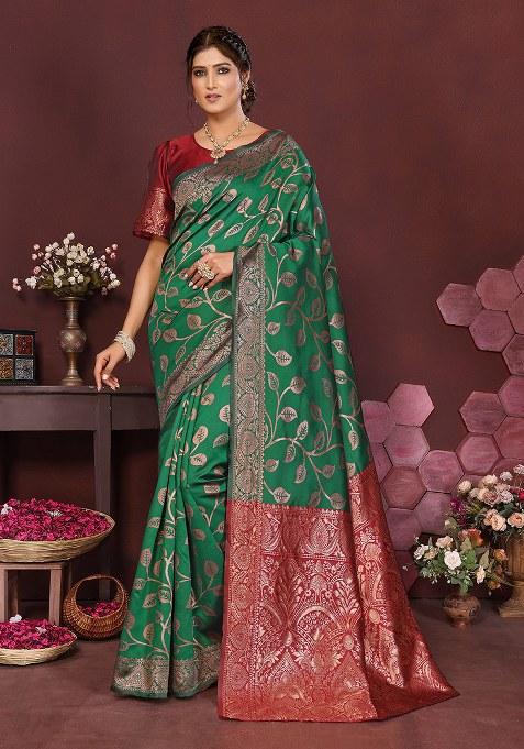 Green Woven Design Silk Saree Set
