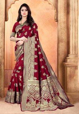 Maroon Woven Design Silk Saree Set