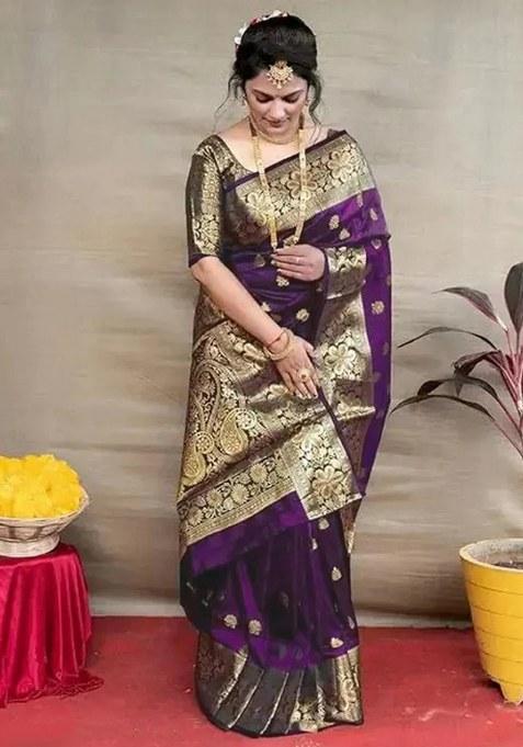 Purple Woven Design Silk Saree Set