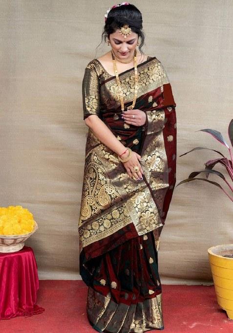 Red Woven Design Silk Saree Set