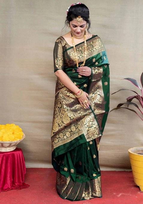 Green Woven Design Silk Saree Set