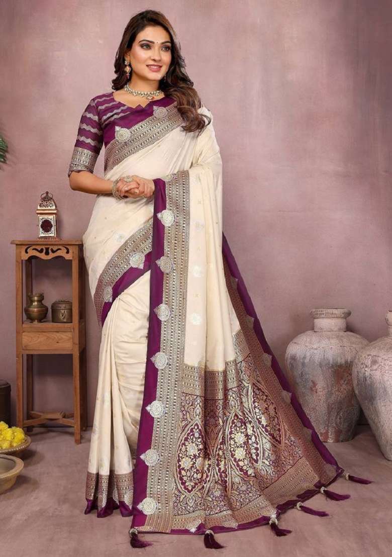 Cream Zari Work Silk Blend Saree Set - Indya