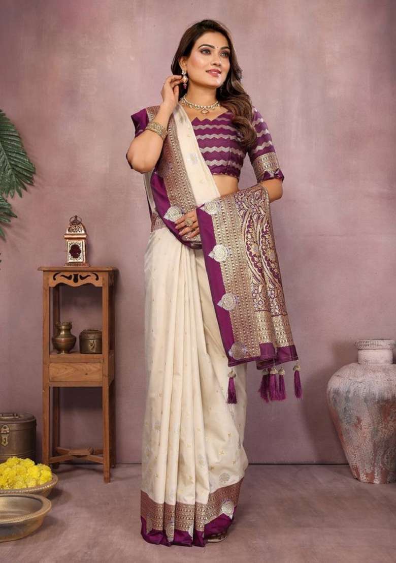 Cream Zari Work Silk Blend Saree Set - Indya