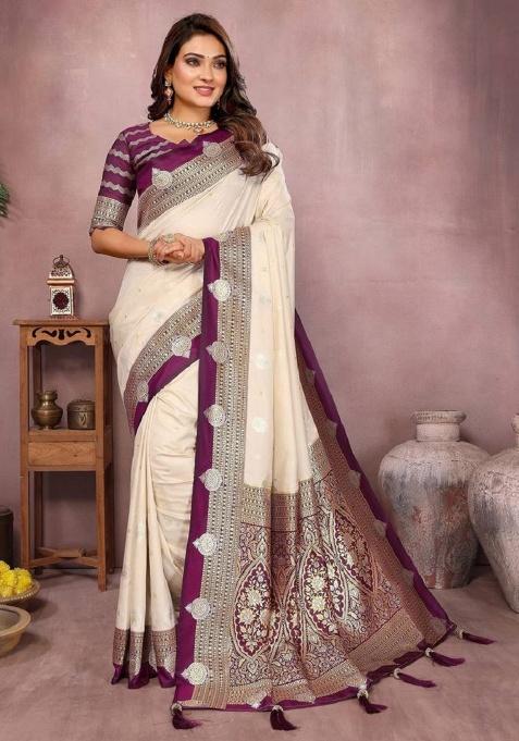 Cream Zari Work Silk Saree Set