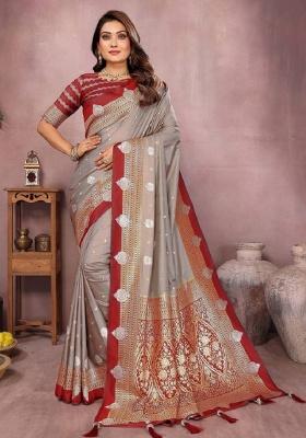 Grey Zari Work Silk Saree Set