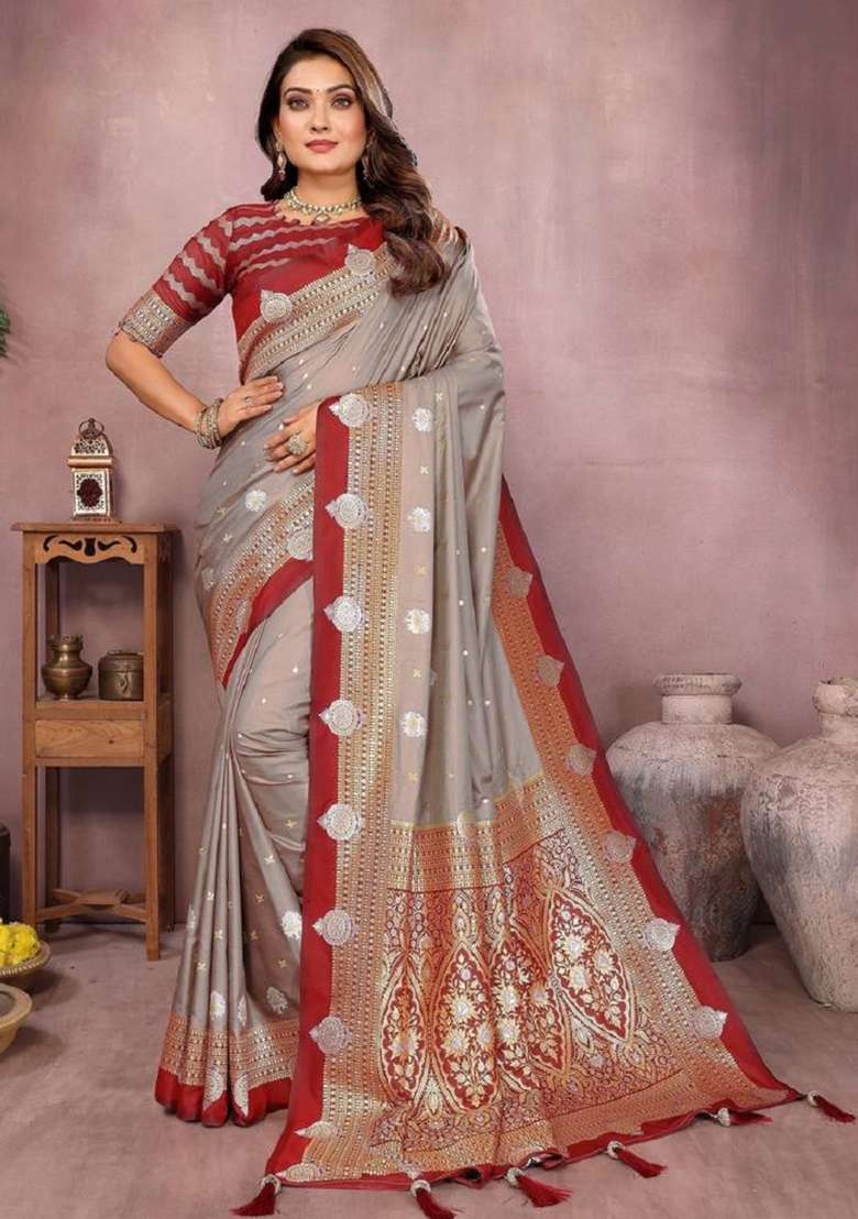 Grey Zari Work Silk Blend Saree Set - Indya