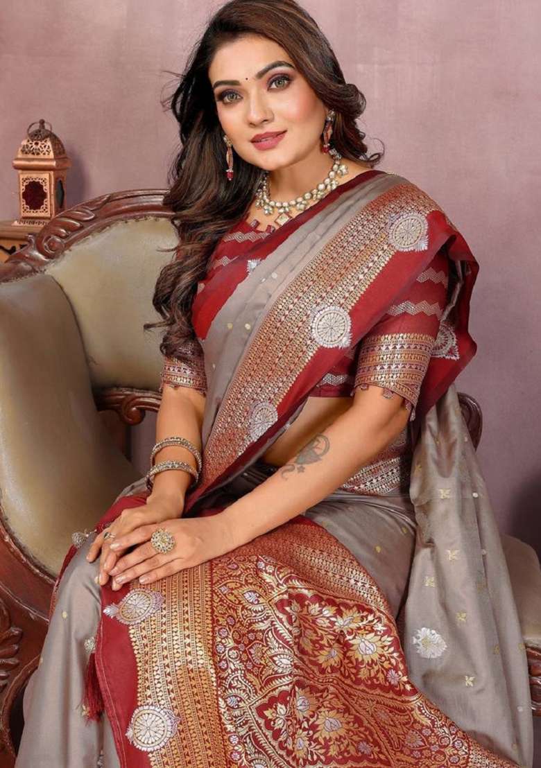 Grey Zari Work Silk Blend Saree Set - Indya