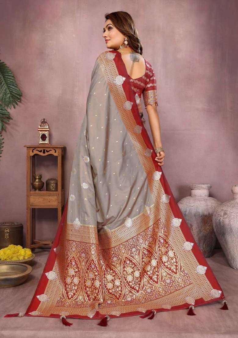 Grey Zari Work Silk Blend Saree Set - Indya
