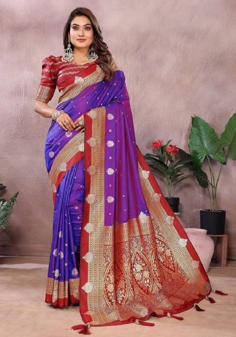 Violet Zari Work Silk Saree Set