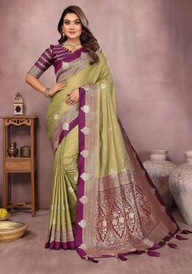 Pista Zari Work Silk Blend Saree Set