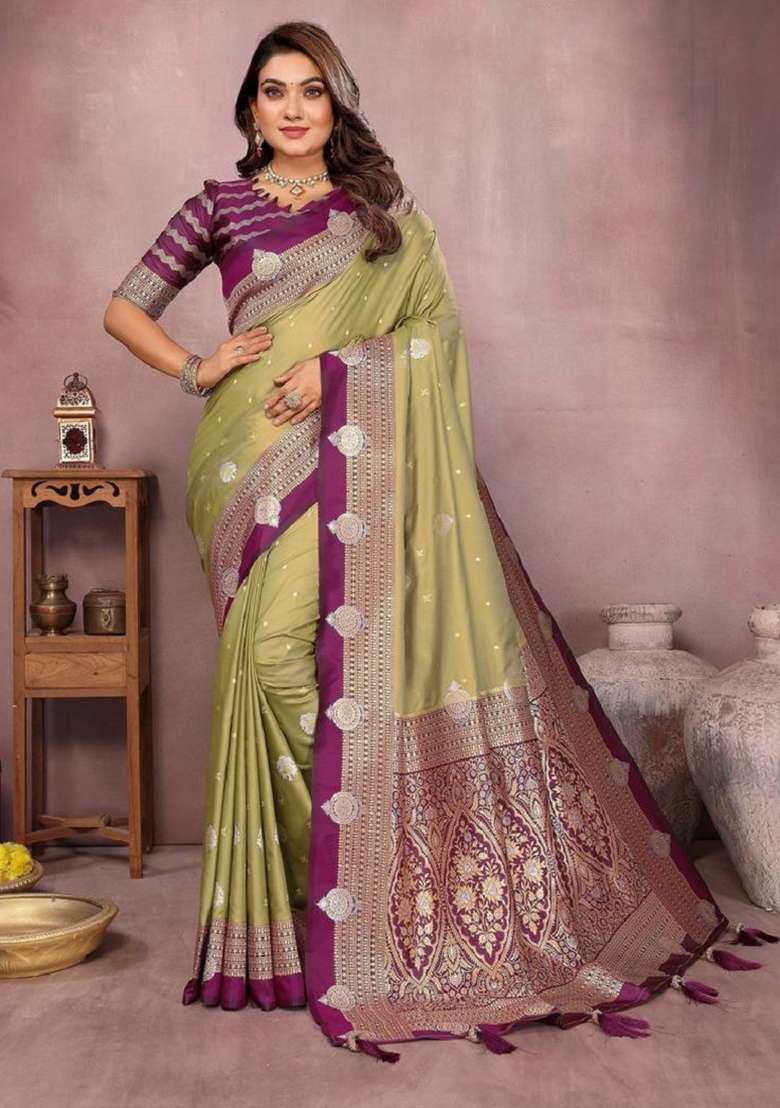 Pista Zari Work Silk Blend Saree Set - Indya