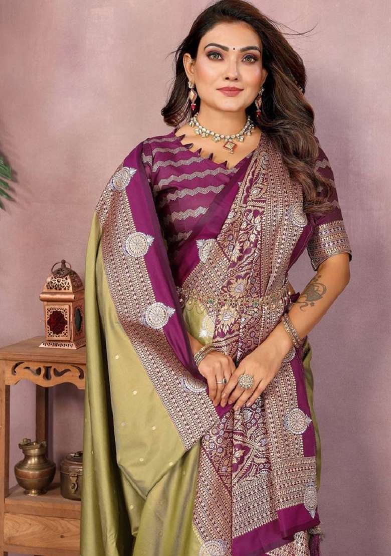 Pista Zari Work Silk Blend Saree Set - Indya