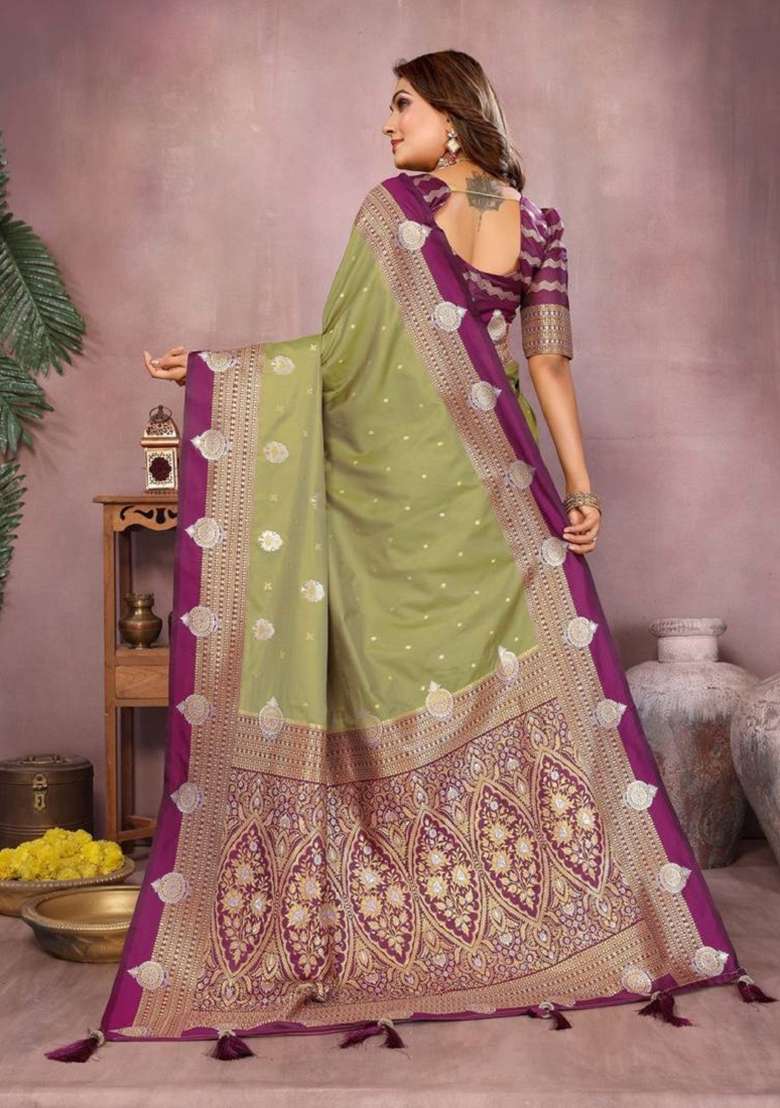 Pista Zari Work Silk Blend Saree Set - Indya