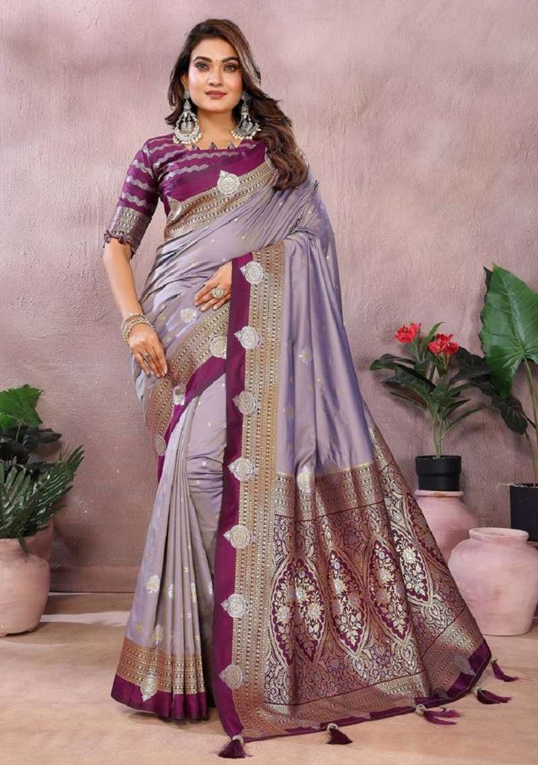 Lavender Zari Work Silk Blend Saree Set - Indya