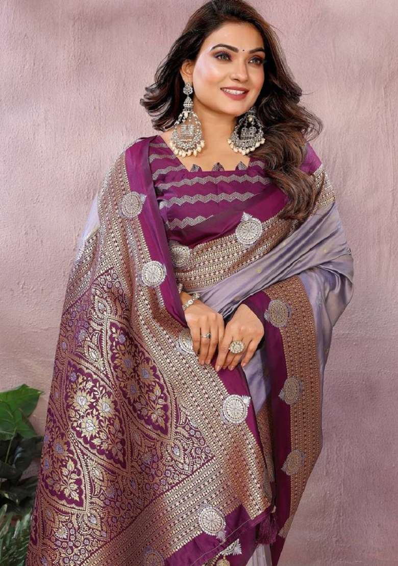 Lavender Zari Work Silk Blend Saree Set - Indya