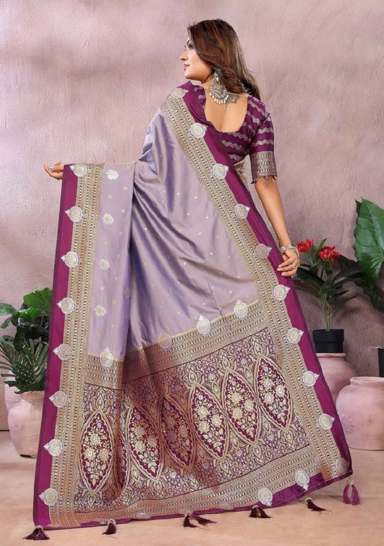 Lavender Zari Work Silk Blend Saree Set - Indya