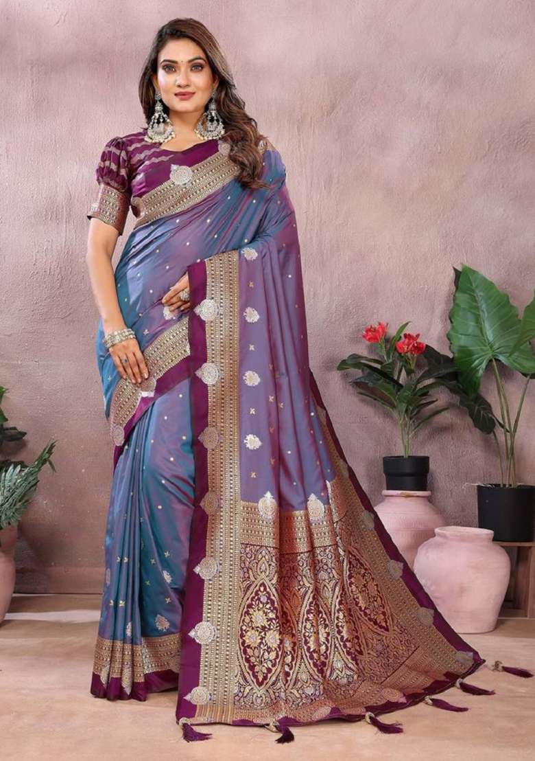 Purple Zari Work Silk Blend Saree Set - Indya