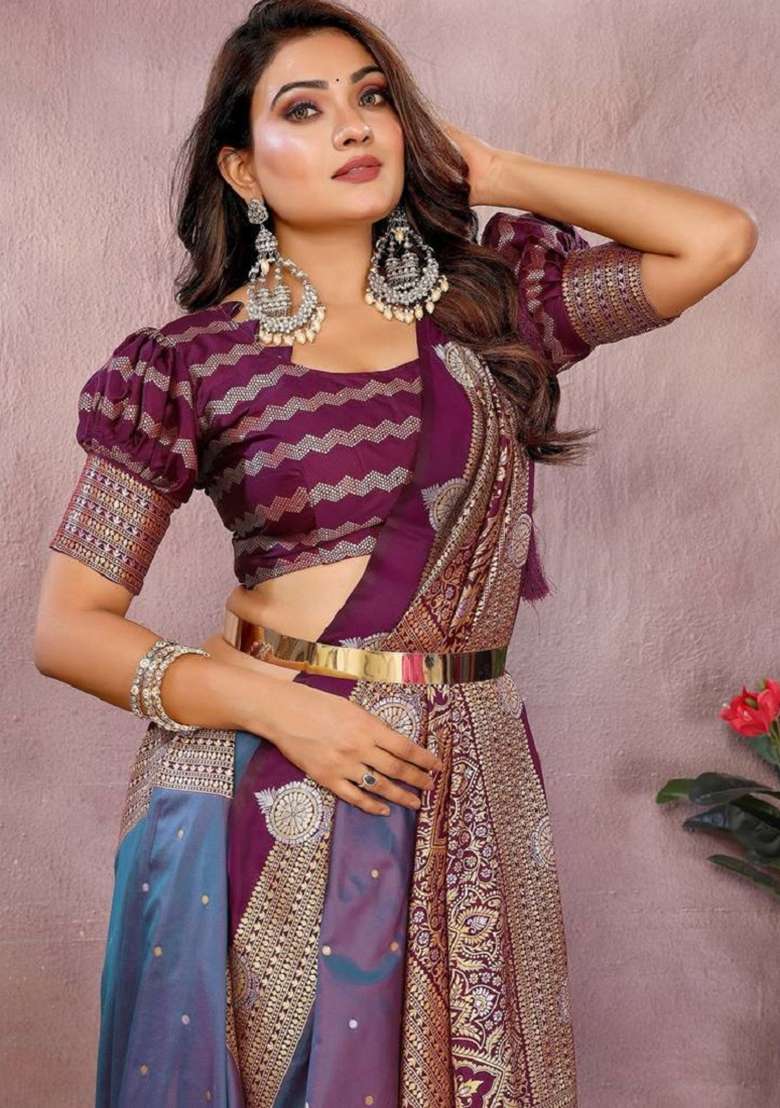 Purple Zari Work Silk Blend Saree Set - Indya