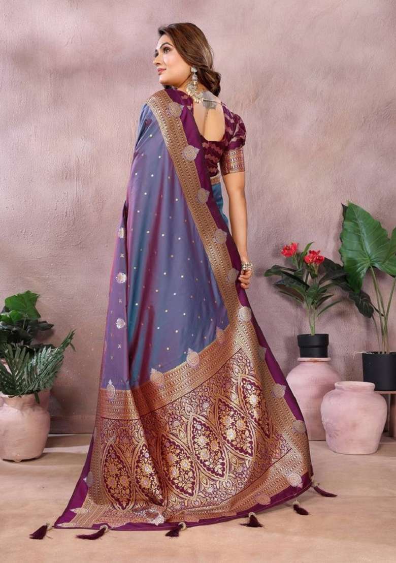 Purple Zari Work Silk Blend Saree Set - Indya