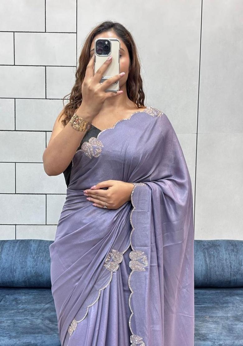 Purple Siroski Diamond Work Silk Saree Set