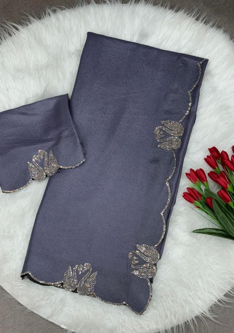 Purple Siroski Diamond Work Silk Saree Set