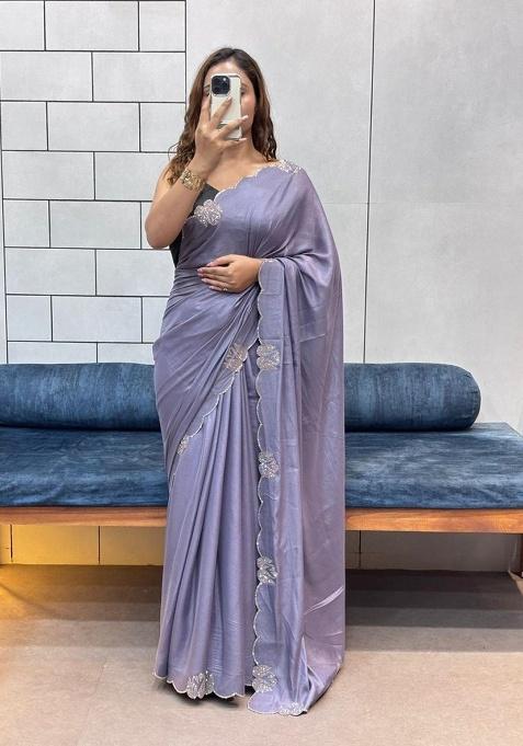 Purple Siroski Diamond Work Silk Saree Set