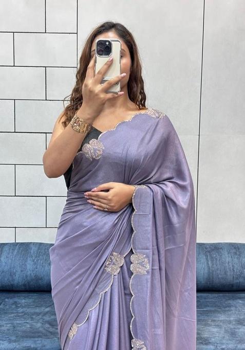 Purple Siroski Diamond Work Silk Saree Set