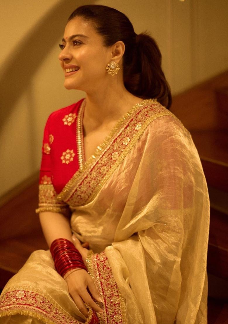 Cream Sequence Work Silk Saree Set